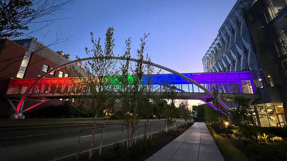 Knight Campus Sky Bridge illuminated in rainbow colors on June 28, 2022