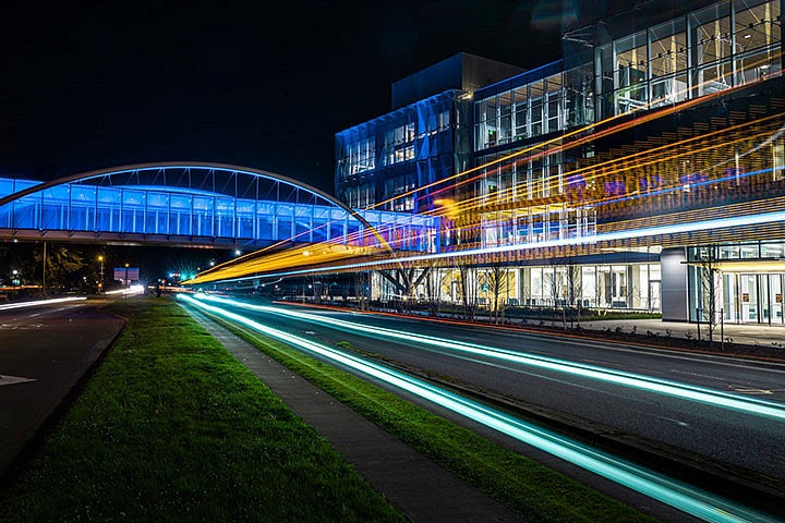 Knight Campus at night with long exposure