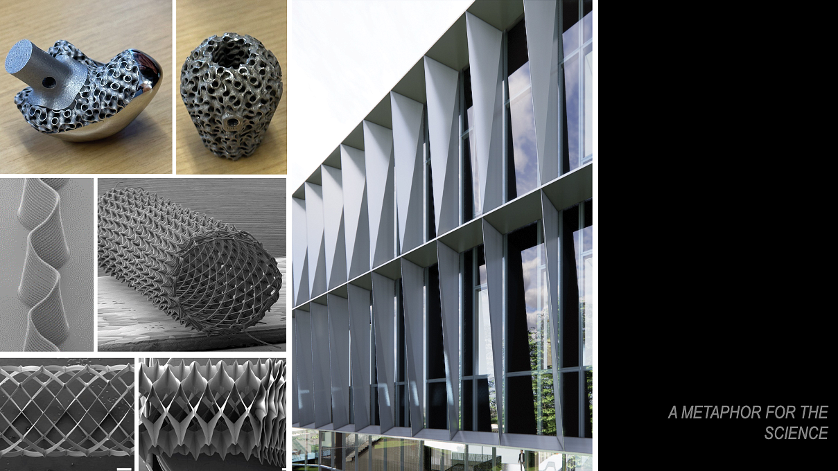 Titanium molds, micro 3d prints and other scaffolds alongside artist rendering of Building 2 exterior