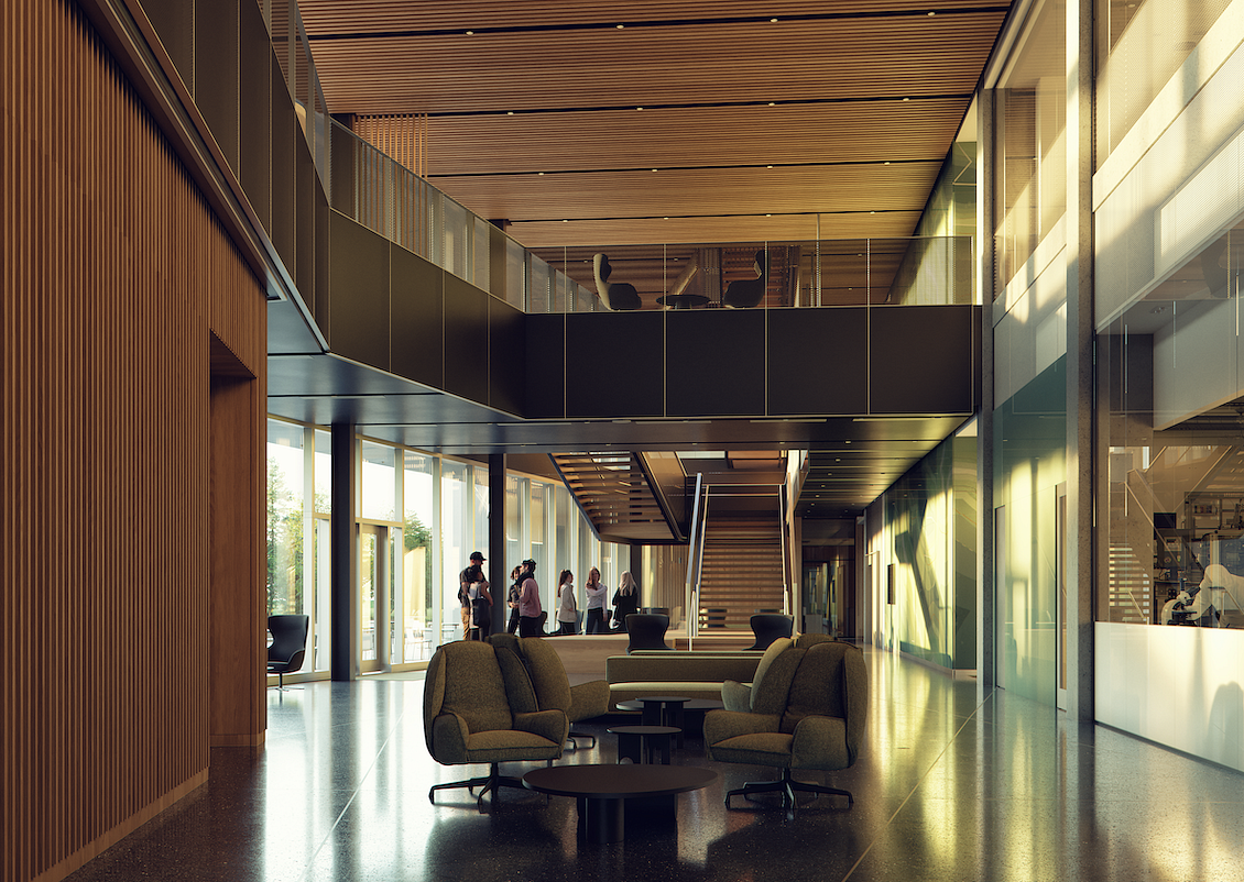 Artist rendering of the interior of a modern office building. Image by Mir.
