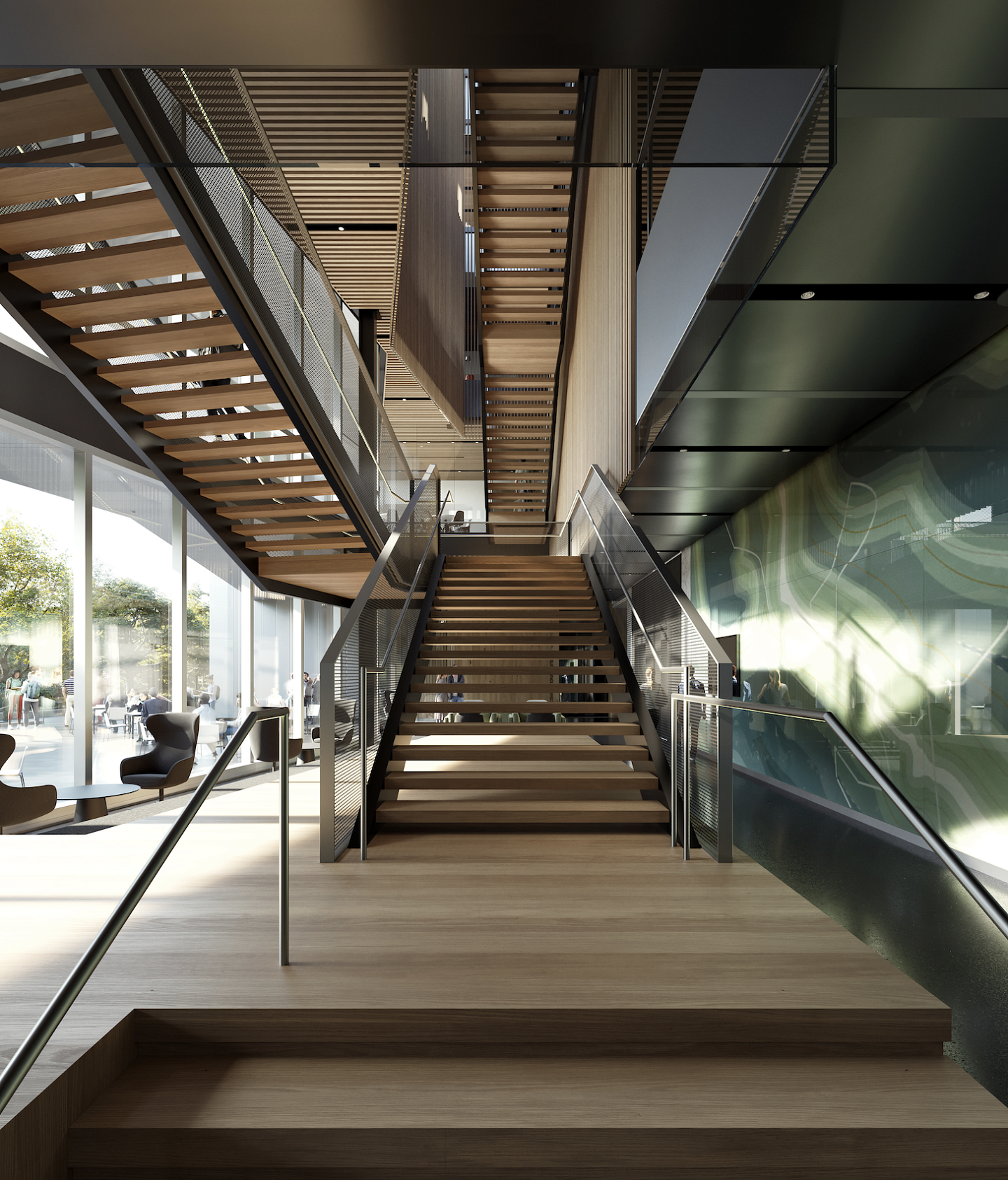 Artist rendering by Mir of a staircase in a modern building