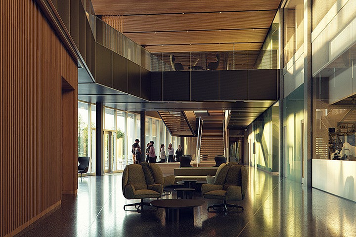 Artist rendering by Mir of a foyer in a modern building