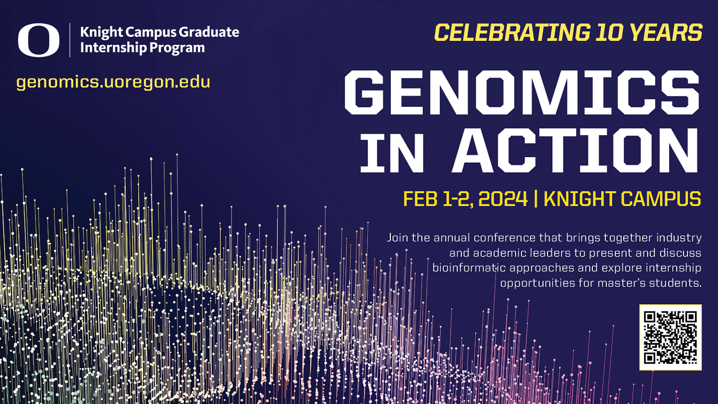 A multi-colored graphic with information about the Genomics in Action conference on Feb. 1-2 by the Knight Campus Graduate Internship Program
