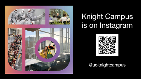 Instagram logo with multiple images of multiple people. Text says Knight Campus is on Instagram