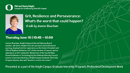 Slide promoting upcoming talk on Grit, Resilience and Perserverance by Jeanne Beacham