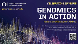 A multi-colored graphic with information about the Genomics in Action conference on Feb. 1-2 by the Knight Campus Graduate Internship Program