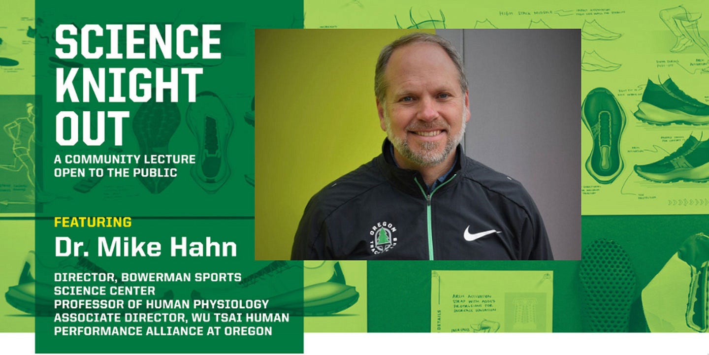 Photo collage for Science Knight Out with text (Science Knight Out A Community Lecture featuring Dr. Mike Hahn, director Bowerman Sports Science Center, professor of human physiology, associate director Wu Tsai Human Performance Alliance at Oregon