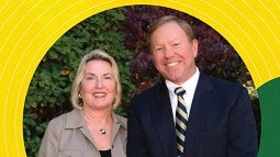 Portrait of Nancy and Dave Petrone with yellow and green graphic treatment